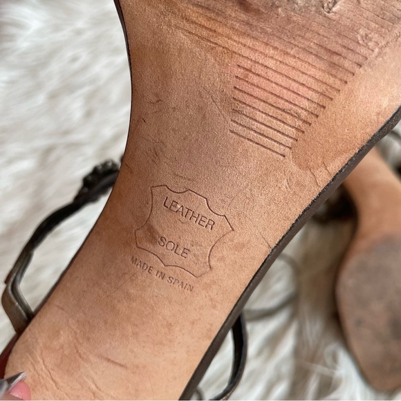 Stuart Weitzman Bronze Leather Crystal Embellished Square Toe Lace Up Sandals 8 - Picture 11 of 12